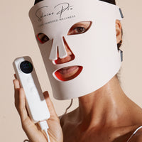 Model wearing the Solaine Pro LED face mask, showcasing its effective skin therapy design and glowing light features.