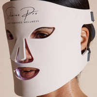 Close-up of the Solaine Pro LED face mask on a model, emphasizing the mask's powerful light therapy for improved skin health