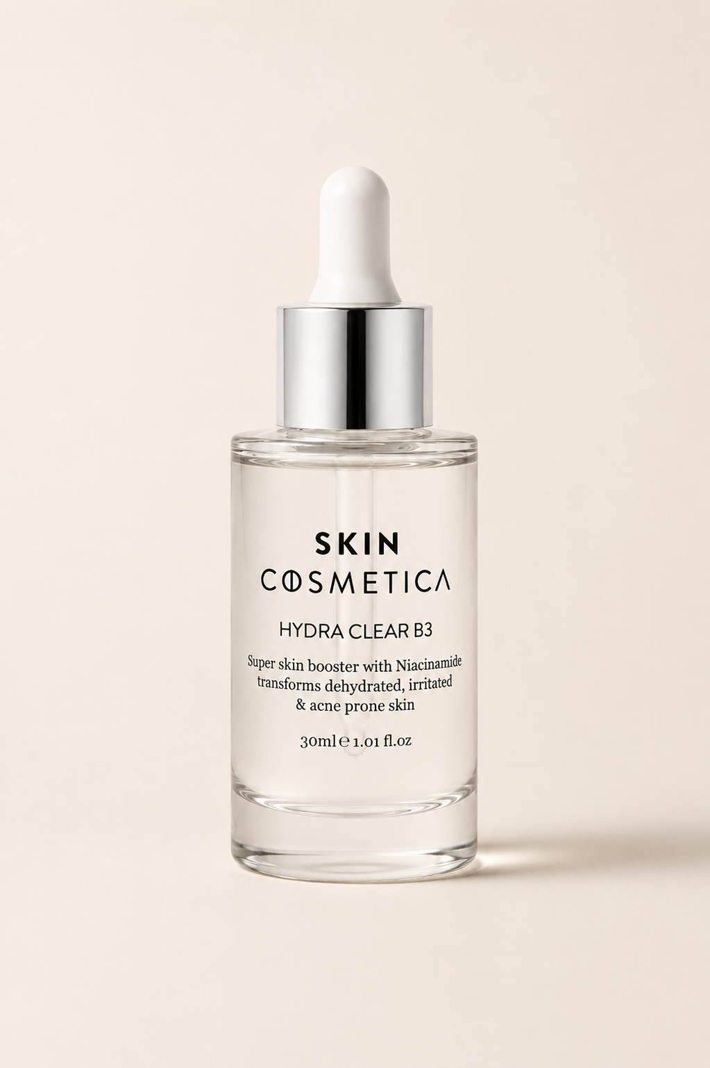 Skin Cosmetica Hydra Clear B3 Niacinamide Serum in clear glass dropper bottle for acne-prone, dehydrated and irritated skin.