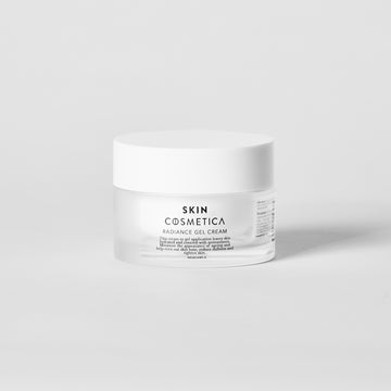 Radiance Gel Cream by Skin Cosmetica, showcasing its cream-to-gel texture and antioxidant-rich ingredients.