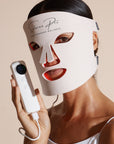 Model wearing the Solaine Pro LED face mask, showcasing its effective skin therapy design and glowing light features.