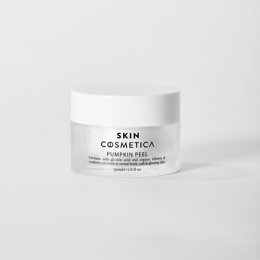 Pumpkin Peel Exfoliator by Skin Cosmetica, showcasing its creamy texture and vibrant packaging.